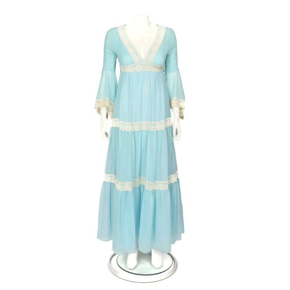 Vintage Candi Jones 70s Baby Blue Sheer Lace Angel Sleeve Maxi Dress XS/XXS /537